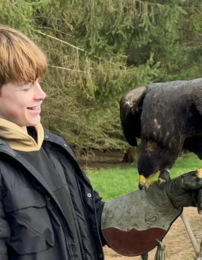 Olga our Steppe eagle om the fist of a young visitor .