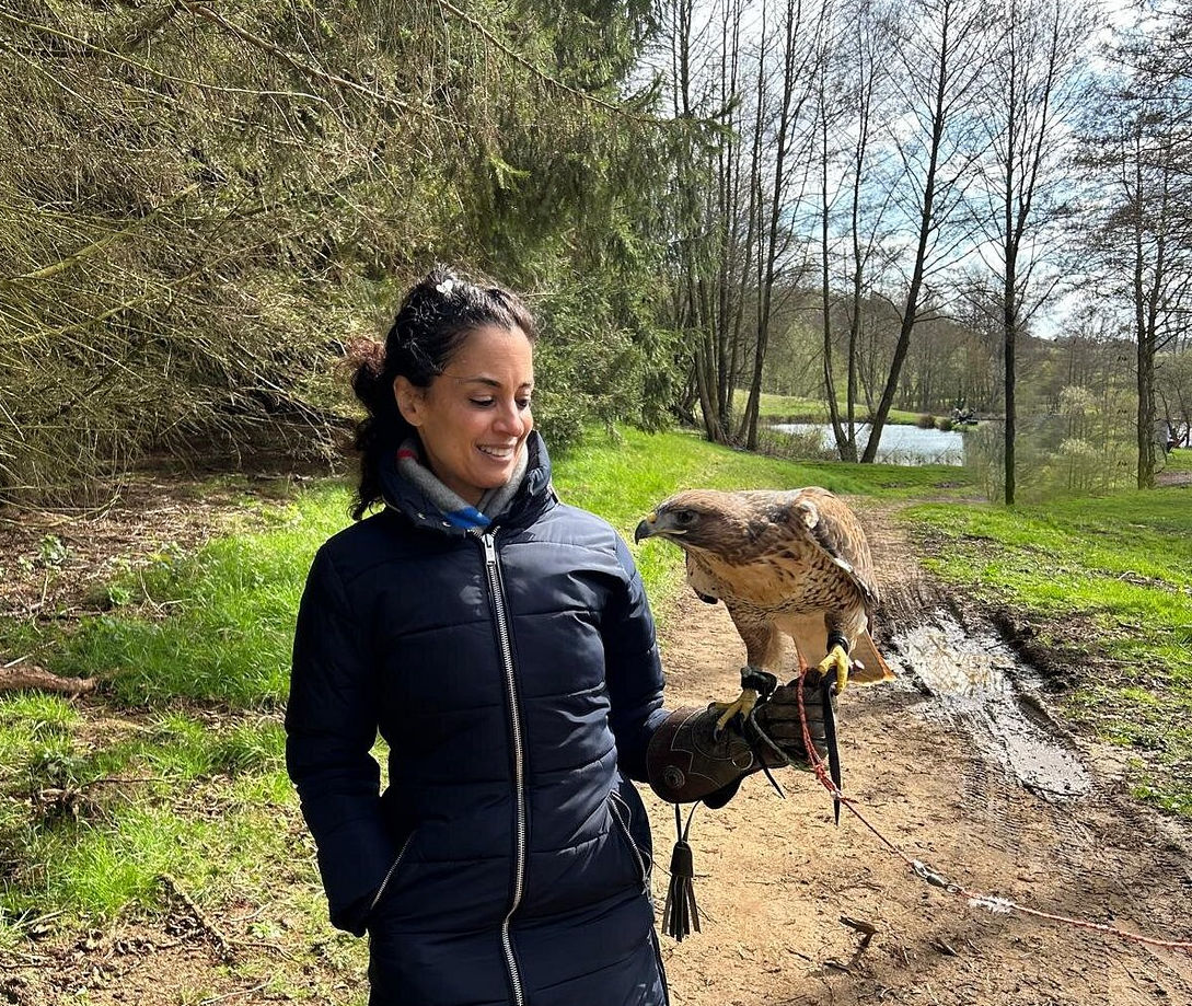 Alders product images layers Alders Farm visitor with a Redtail Hawk on her fist